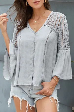 Women Sheer Flare Sleeves Transparent Lace Shirt - WSB67377