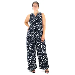 Women's Belted Printed Wide Leg Jumpsuit,Black