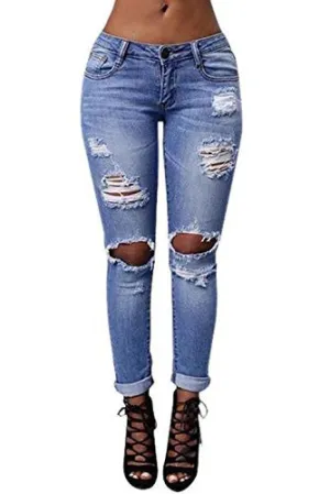Womens Ladies Stretch Faded Ripped Slim Fit Skinny Denim Jeans